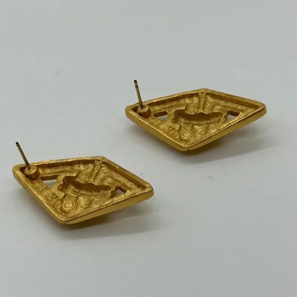 Vintage Anne Klein Earrings Brushed Gold-Tone, Diamond Shape Pierced Statement - Picture 12 of 13